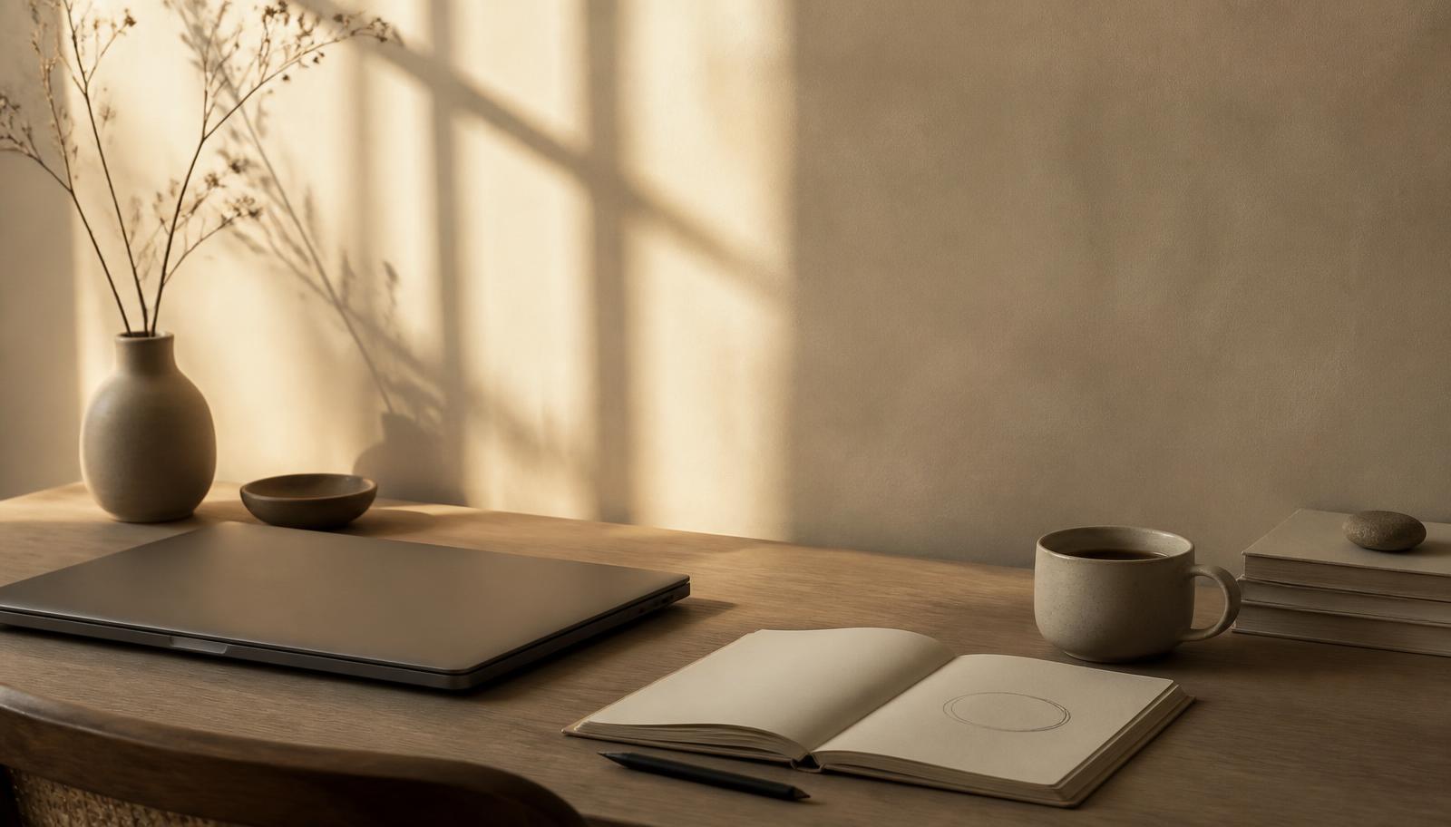 A quiet desk in morning light with an open notebook and a cup of coffee