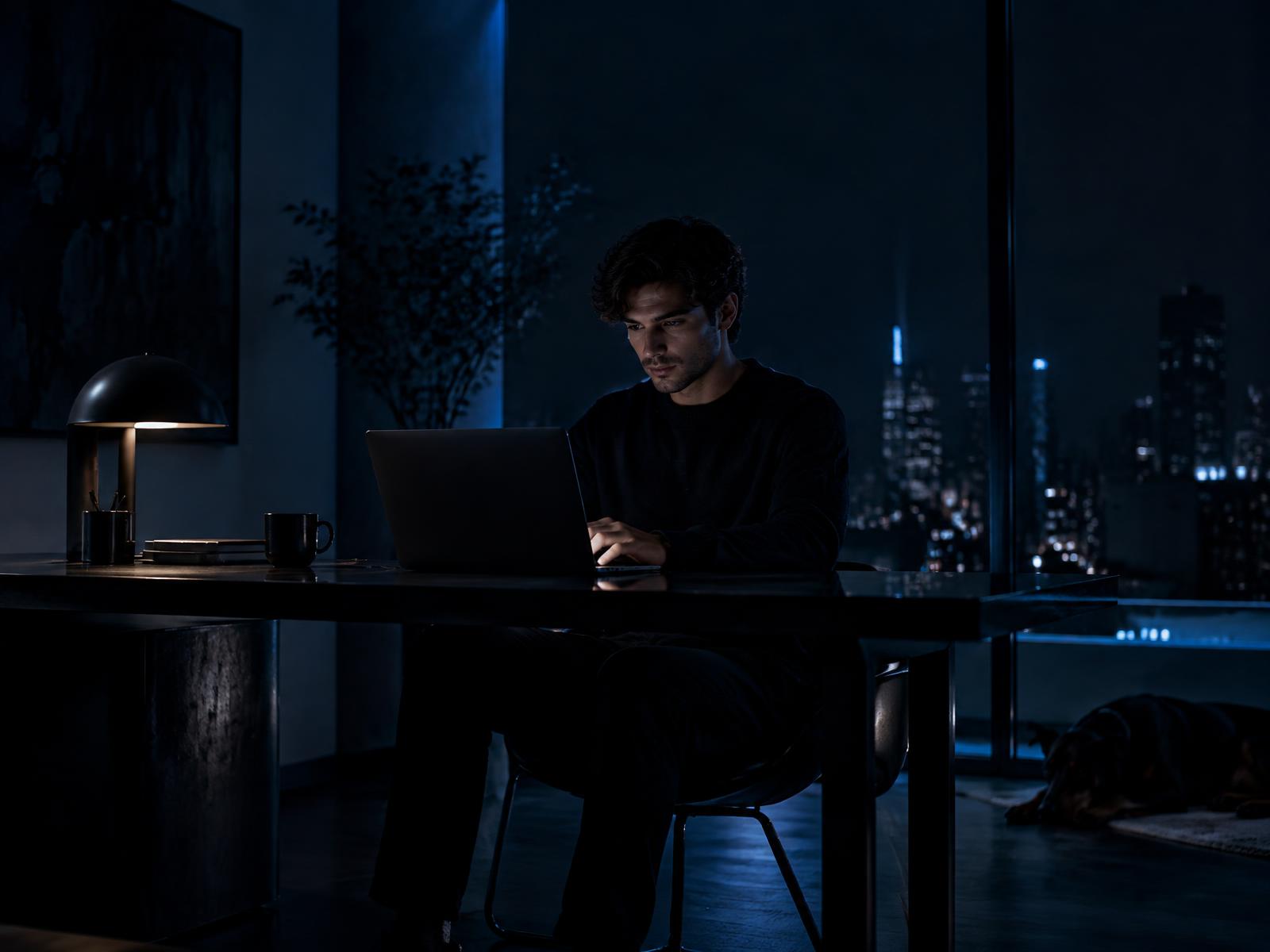 Creator working late at a minimal desk, building a digital product