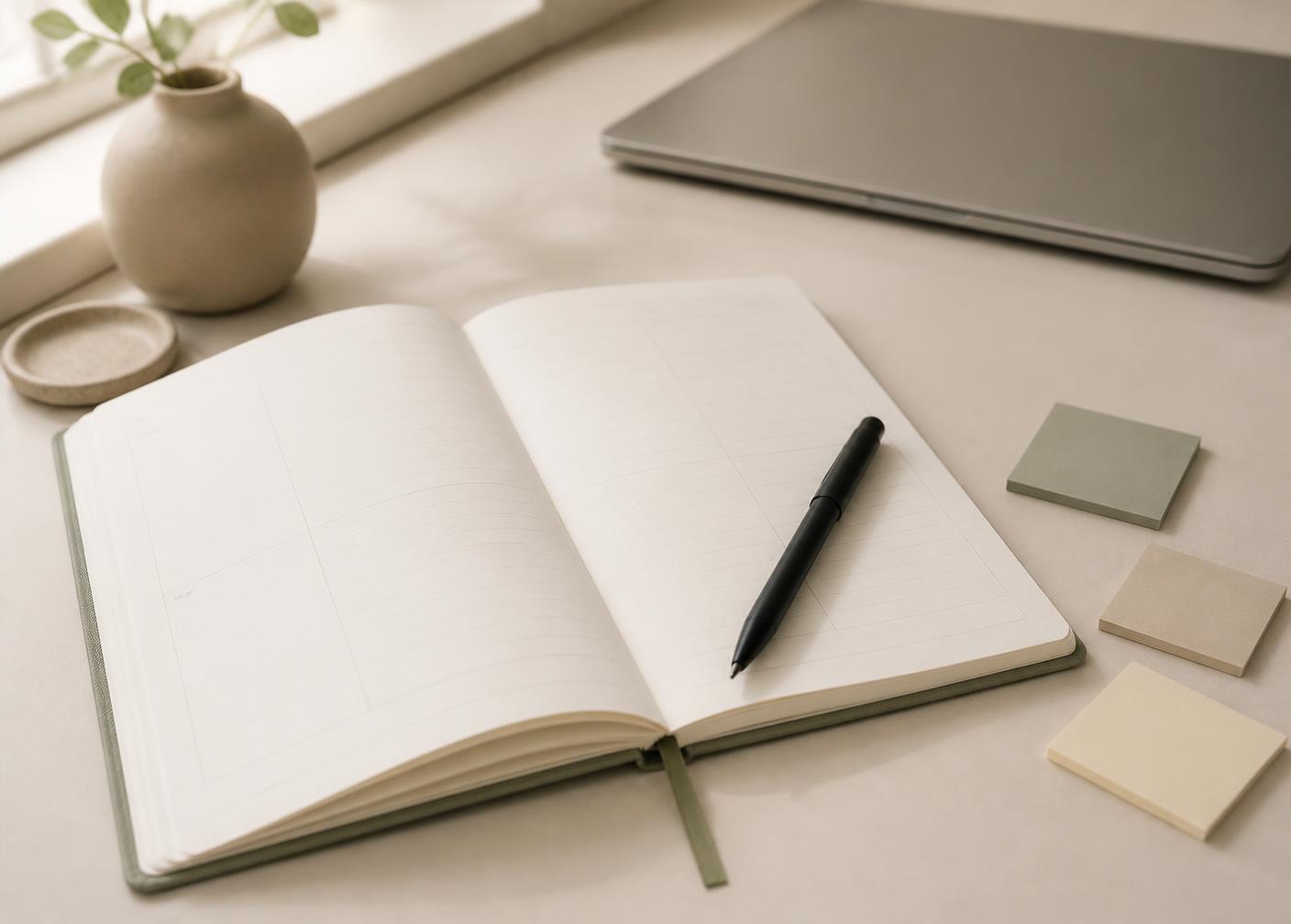 An open workbook with a pen and sticky notes on a calm, sunlit desk